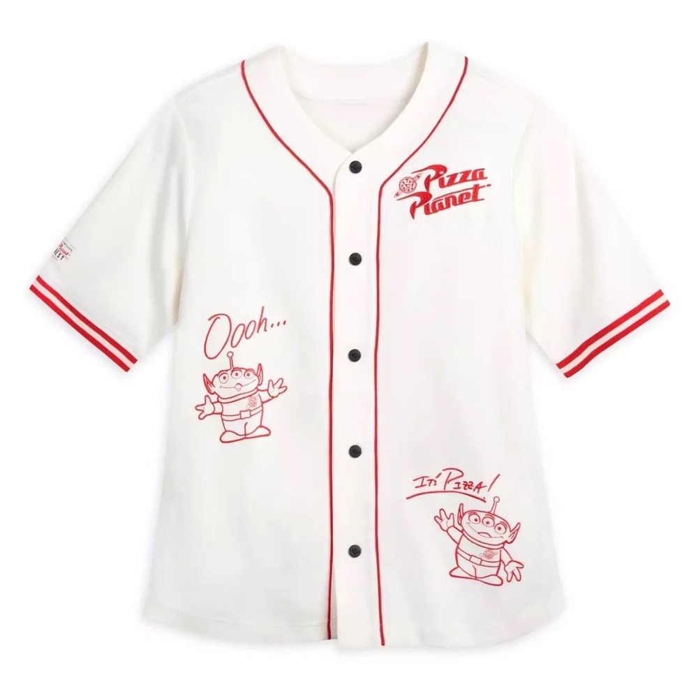 Disney Pixar Toy Story Pizza Planet Baseball Jersey Mens Large White Red Alien